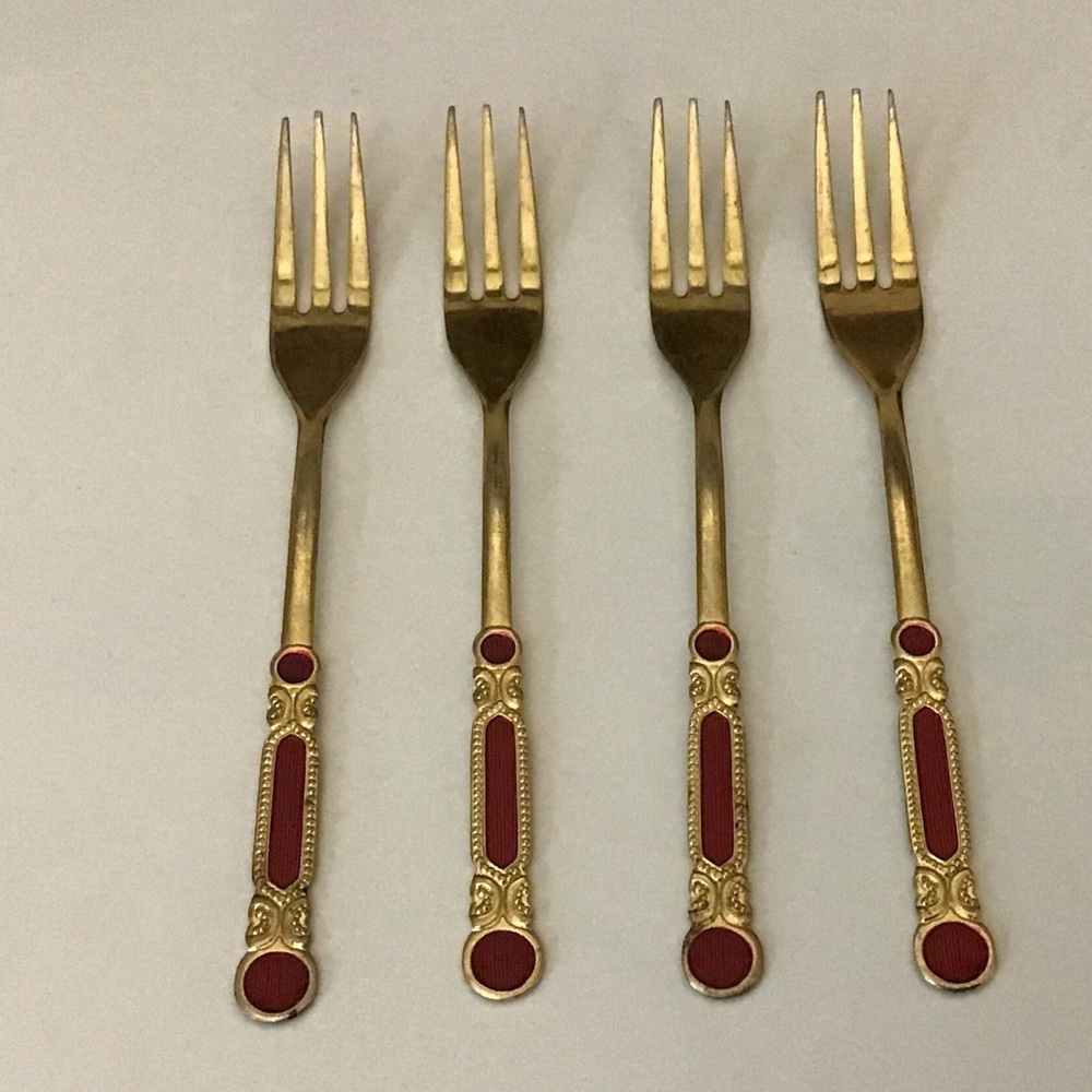 Vintage Japan Stainless Steel Gold Plated Enameled Dessert Hors D’oeuvre Forks